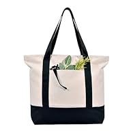It is made with heavy duty 12oz natural 100% cotton canvas with 7.5" x 7.5" outside pocket for carrying small items. Size of the bag is 20"x15"x5.5" (51 x 38 x 14 cm) and handle size is 1.4" W x 24" L (3.5cm W x 60cm L), which is easy to carry or slu...