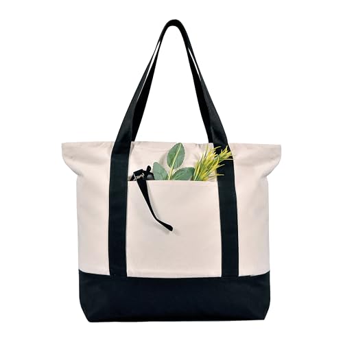 MINIMARG Heavy Duty 100% Cotton Canvas Tote Bag With Zip and external pocket, Suitable for Daily Grocery, Travel, Shopping, Events and Gifts, Sturdy Reusable Women Beach Tote Bag (Natural/Black)