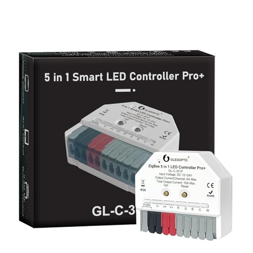 GLEDOPTO ZigBee 3.0 Pro Mini LED Strip Controller 5 Modes in 1 RGBCCT RGBW RGB CCT WWCW Dimmer DC12-24V APP Voice Control Work with ZigBee2mqtt Conbee Home Assistant Alexa Smart Life (Hub Required)