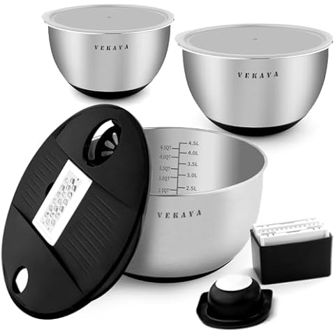 VEKAYA Mixing Bowls with Lids Set, 1.5/3/5QT Stainless Steel Mixing Bowls Set with 5 Grater Attachments,Measurement Marks & Non-Slip Silicone Bottom,Great for Mixing, Baking, Prepping Cover