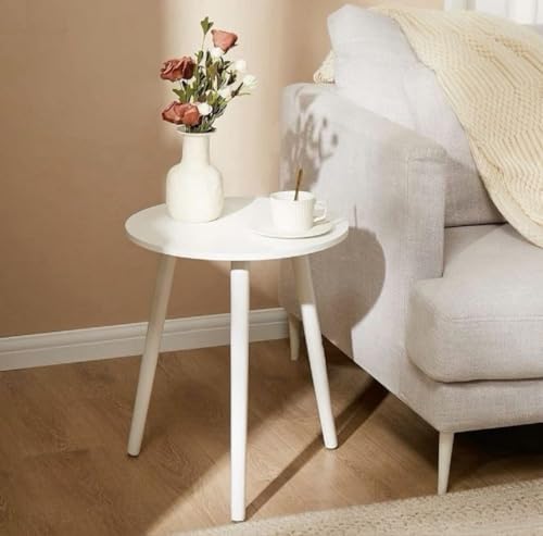 Image of END Table Side Table, Round Solid Wood End Table Coffee Table Flower Stand Small Spaces, Easy Assembly Modern Bedside Table (Full White)