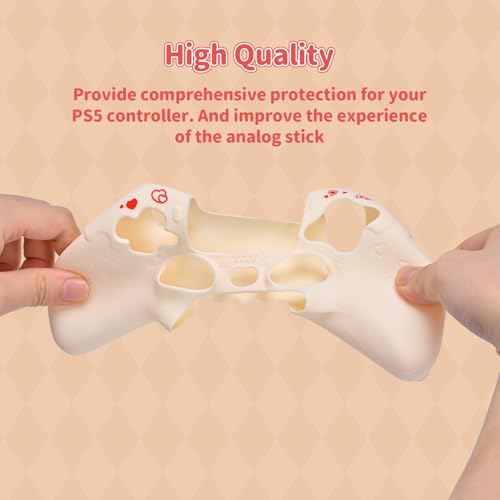 Image of Kuitmor Silicone PS5 Controller Cover Skin Set, Anti-Slip Soft Protective Case for PS5 Wireless Controller with 2 Thumb Grip Caps and 1 Sticker (Beige Hello Kitty)