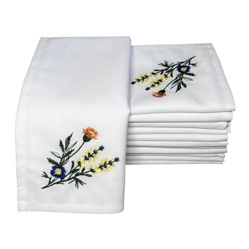 Alevel Cloth Napkins 20x20 Inch 12 Pack, Embroidered Table Napkins, 250 GSM Thick Absorbent, Soft Washable Dinner Napkins (White9)