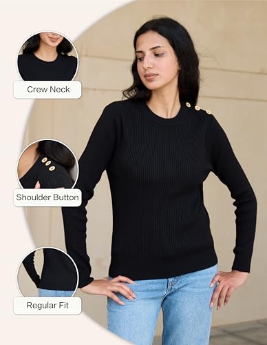 Button-Accented Shoulders Wool Sweaters for Women, Soft Midweight Knit Crew Neck Women Pullover Sweater Long Sleeve3