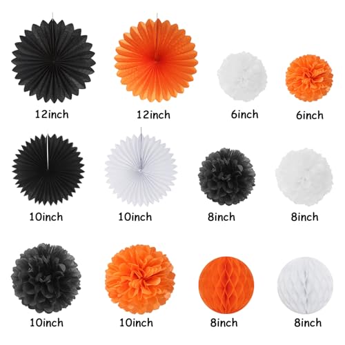 Image of Orange Black Happy-Halloween Party Decorations - 13PCS Spider Web Bats Streamers Banner ,Paper Flowers Lanterns Tissue Pom Poms Fans, Classroom Birthday Bachelorette Hanging Supplies Decor Hugfond