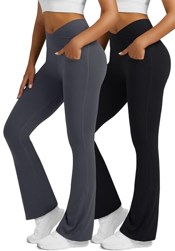 Image of Flare Leggings for Women with Pockets 2pack High Waisted Crossover Flare Leggings Bootcut Yoga Pants