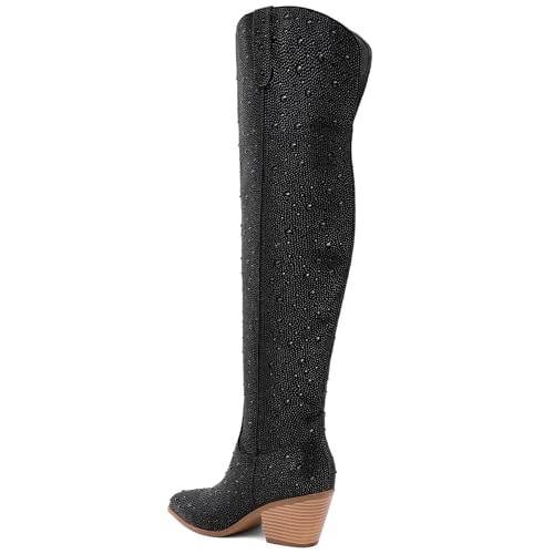 Women Rhinestone Over the Knee Cowboy Boots, Sparkly Bling Cowgirl Boots Western Thigh High Boots Pull-On Side Zippers Chunky Heel Pointed Toe Size5-12 For Fashion&Daily2
