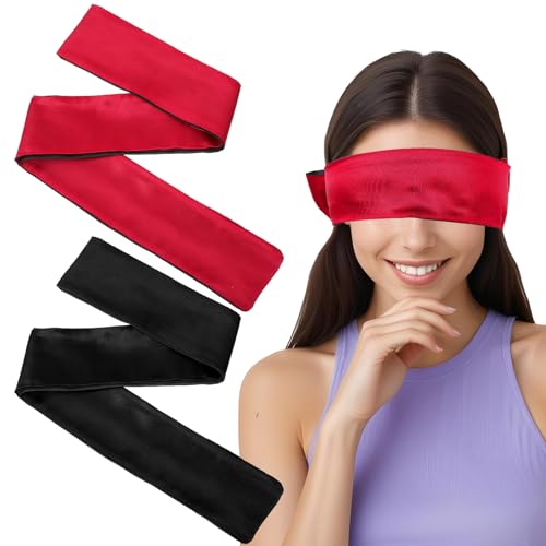 サテンスリープマスク2点、150cm/59インチソフトシルク遮光目隠し、女性、男性用快適なアイマスク、調節可能なアイシェードカバー、旅行、昼寝、瞑想、バレンタインデーのギフト(ブラック+レッド)
