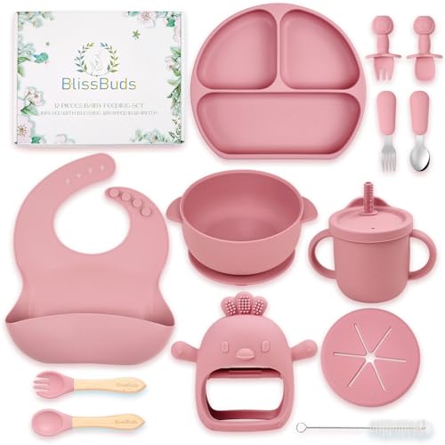 Image of BlissBuds Silicone Feeding Set, 15-Piece Baby Plates & Bowls with Bibs, Spoons, Forks, Sippy Cup, Teether - Led Weaning Supplies for 6+ Months (Pink)