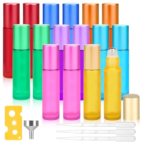 Maxmoc 16 Stück Roll on Glasflaschen für Ätherisches Öl, 10ml Roll on Flasche Leer mit Edelstahl-Ball, Bunt Rollon Flaschen mit Öffner, Tropfer, Trichter für Ätherische Öle, Parfüm, Massage