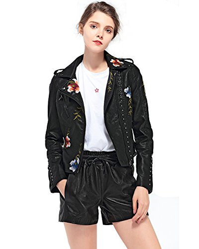 LY VAREY LIN Women's Floral Embroidered Faux Leather Moto PU Jacket Coat