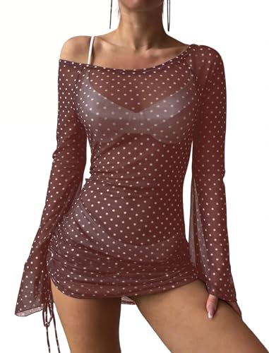 Image of ZAFUL Womens Swimsuit Cover Up Dress Off Shoulder Hollow Coverup Bathing Suit Mesh Swim Beach Dress