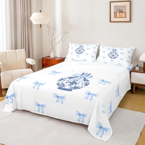 jejeloiu Bow Bed Sheets Set Blue Bowknot Print 4 Pieces Sheet with 16