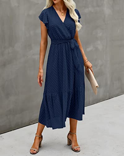 Image of BTFBM Women Summer Bohemian Floral Casual Wrap V Neck Ruffle Cap Sleeveless Belt A-Line Pleated Hem Midi Sun Dress White