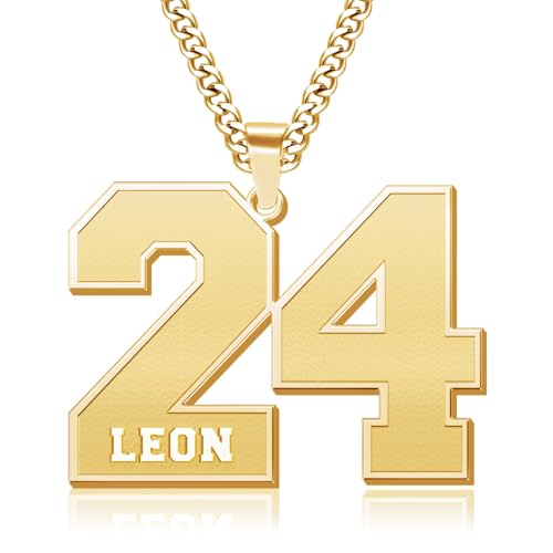 Jecivila Personalized Number Necklace 18K Gold Plate Custom Name Sports Jewelry Football Baseball Basketball Number Necklace for Men Athletes(16’’-24’’)