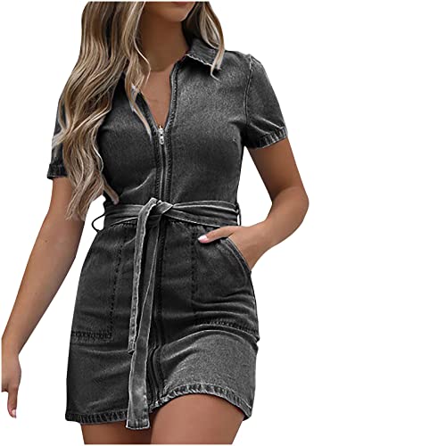 RKSTN Womens Summer Dresses Trendy Lace Up Waist Short Sleeve Mini Dress Zipper Pocket Wrap Dress Girls Casual Denim Dress