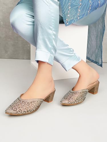 Image of XE Looks Women's Rhinestone Embellished Pointed Toe Mule Heels | Soft Cushioned Insole | Comfortable Stylish Slip-On Block Heel Sandals for Girls & Women