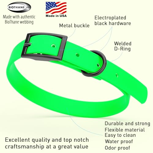 Image of Dogline Biothane Waterproof Dog Collar Strong Coated Nylon Webbing with Black Hardware Odor- Proof for Easy Care Easy to Clean High Performance Fits Small Medium or Large Dogs, Tropical Green
