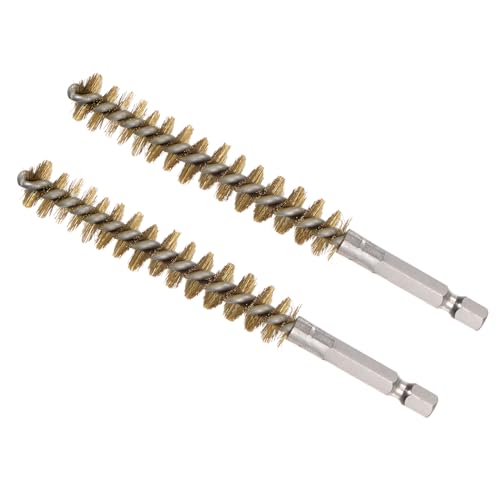 Image of Bore Brush, 12mm Dia 75mm Length, Brass Twisted Cleaning Wire Brushes with 1 /4 inch Hex Shank - (Applications: for Power Drill), 2-Pieces