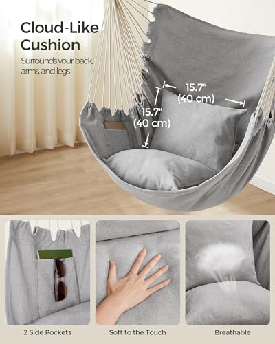 Image of SONGMICS Hammock Chair, Load Capacity 500 lb, Hanging Chair with 2 Cushions, Large Hammock Swing with Chain and Pocket, for Indoor, Outdoor, Living Room, Bedroom, Dove Gray UGDC197G01