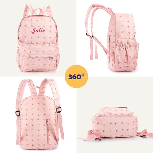 MT WORLD Floral Backpack Personalized Daycare Backpack with Name 16inch Flower Daypack with 2 Side Pockets & Spacious Interior Custom Daycare Bag for Overnight Daily Activities Birthday Gifts (Pink)3