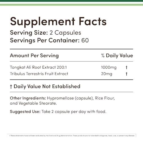 Tongkat Ali - 1000mg (2 Month Supply) - Men's Health - 200:1 Extract of (Longjack) Eurycoma Longifolia, with 20mg Tribulus Terrestris (Third Party Tested) by Double Wood
