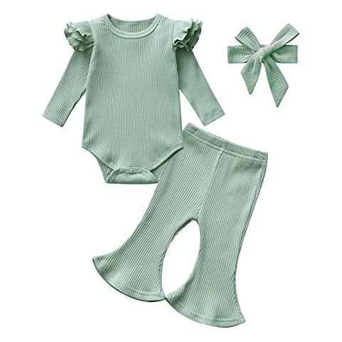Tearfuty Baby Girl Outfits Long Sleeve Ruffle Romper Bell-bottomed Pants Cute Baby Girl Clothing Light green (3-6 Months) Cover