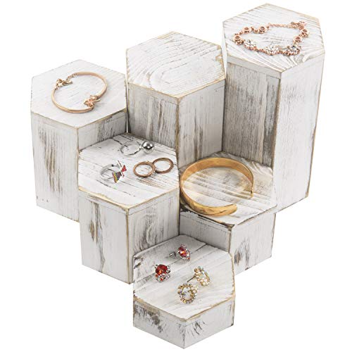 MyGift Whitewashed Wood Hexagonal Jewelry Display Risers, Set of 6