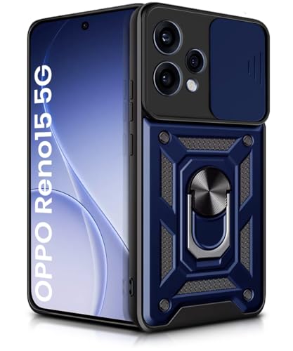 Image of WOW IMAGINE Tough Armor Bumper Mobile Back Case for Oppo Reno 15 5G | Sliding Camera Cover | Shock Proof 360 Protection | Hybrid PC + TPU | Ring Holder with Kickstand - Blue