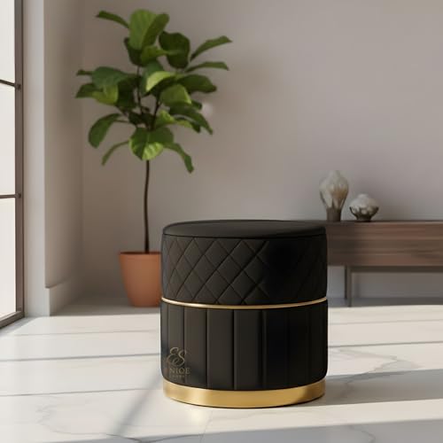 Image of Set of 2 Round Velvet Ottoman Footstool Gold Base - Tufted Upholstered Pouffe Stool for Living Room, Bedroom & Dressing Area (Black)