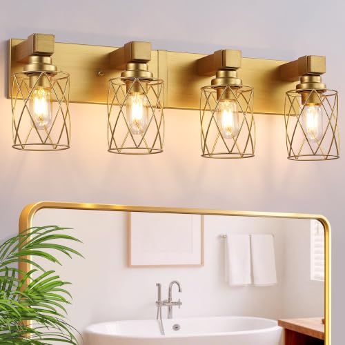 Image of Bathroom Light Fixtures, 4 Light Brushed Gold Wood Vanity Lights