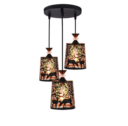 Image of Groeien 3-Light Industrial Black Finish Metal Crystal Hanging Pendant Ceiling Lamp Fixture | Chandelier for Home, Indoor, Outdoor,Living Room, Bedroom(Bulb not Included)(DeerShade3-Set)