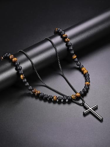 Jovivi Mens Necklace Set 2pcs Matte Black Agate Tigers Eye Gemstone Beaded Healing Crystal Necklace Stainless Steel Cross Pendant Necklace for Men Meditation Jewelry2