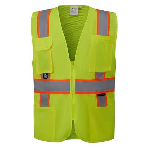 SV2300, ANSI/ISEA Class 2, Safety Tricot/Mesh Vest, Reflective w/Orange binding, Zipper, Pockets, Neon Green