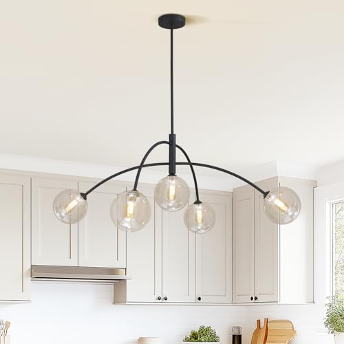 Image of 5 Light Modern Brass Chandelier Fixture Globe Glass Shade Pendant Light Black Kitchen Large Chandelier for Dining Room Kitchen Bedroom