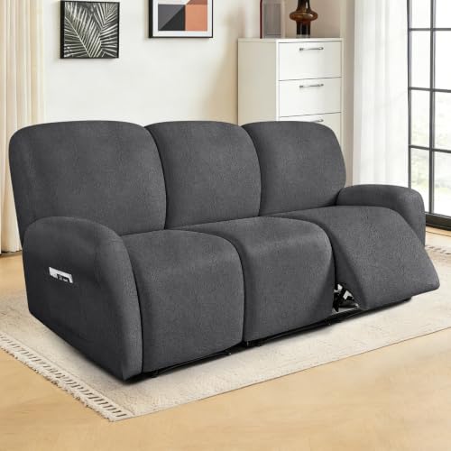 Image of ANARACHON Leather Look Recliner Couch Cover 8-Piece Recliner Sofa Slipcovers 3 Seater for Reclining Couches Furniture Protector Spandex Fabric Washable (Recliner Sofa,256Dark Gray)