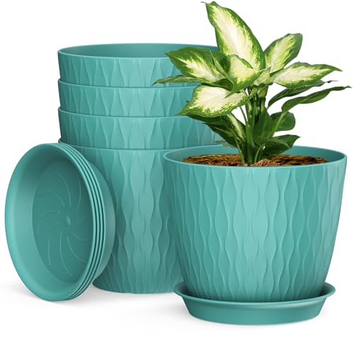 Homeuouz 5 Packs Blumentopf mit Bewässerungssystem, 20.3cm Pflanzentopf mit Bewässerungssystem, Übertopf mit Untersetzer, Blumentöpfe Set Ideal für Innen und Balkongärten, Dunkelgrün