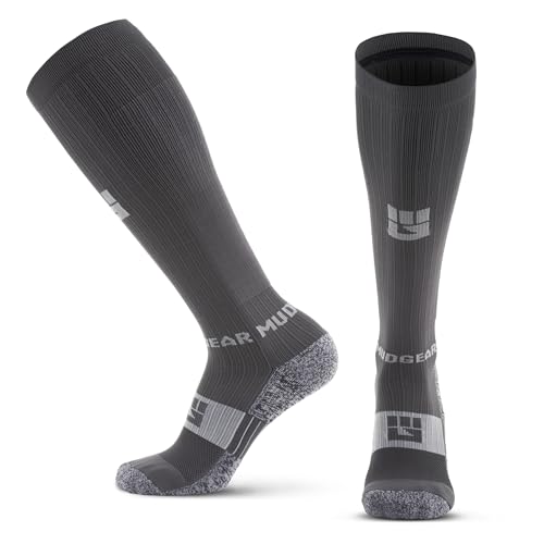 MudGear Compression Socks for Trail Running, Recovery, Travel, and Outdoor Adventures – Graduated, Durable, Sweat-Resistant, Boot Height, Large, Gray/Black
