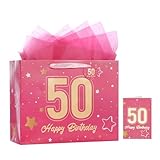 Powbrace 13" Pink 50th Birthday Gift Bag with Tissue Paper and Greeting Card for Party,Happy Birthday Gift Bag for Men Women,Gift Bags Medium size(1 Pink 50th)
