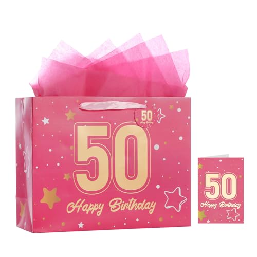 Image of Powbrace 13 inch Pink 50th Birthday Gift Bag with Tissue Paper and Greeting Card for Party,Happy Birthday Gift Bag for Men Women,Gift Bags Medium size(1 Pink 50th)