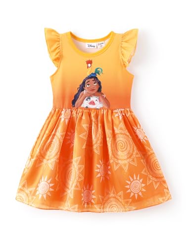 Image of Disney Princess Moana Toddler Girl Dress Tropical Sun-Patterned Tulle Summer Clothes Flutter-Sleeve Outfit Sweet School Party Birthday Sundress 4-5T