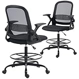 HOMCOM Chaise Bureau Ergonomique, Fauteuil de Bureau en Maille avec Accoudoirs Rabattables, Hauteur Réglable, Repose Pieds, roulettes, Chaise de Dessin pour Travail ou Étude, Noir