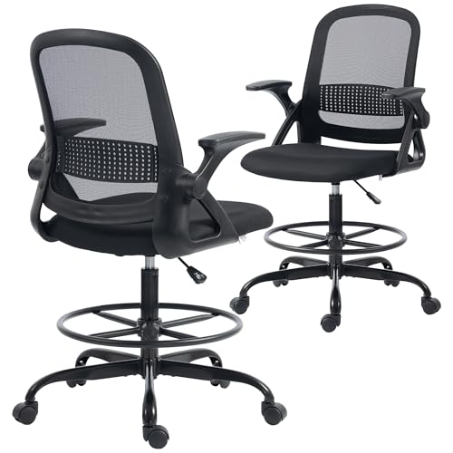 HOMCOM Drafting Chair Tall Office Desk Chair with Flip-up Armrests Adjustable Height and Footrest Lumbar Support for Standing Desk Home Office Use Black