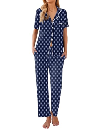 Image of Ekouaer Womens Pajamas Set Short Sleeve Button Down Top & Pants Lounge Pjs | Soft Sleepwear with long pants, ideal for Home relaxation, Wedding, Party, Daily Wear & Breastfeeding