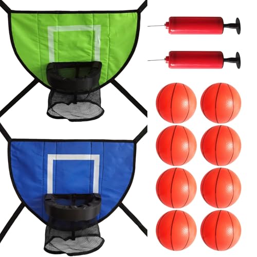 2 Pcs Trampoline Basketball Goals, Two Air Pumps and Eight Inflatable Balls Included, Perfect Attachment for Standard Trampolines, Features Net Pockets for Youth Outdoor Fun