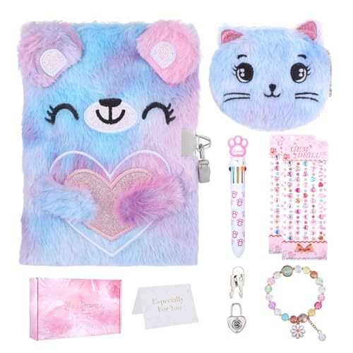 Fanmayhe Cat Diary with Lock,Gifts for 6 7 8 Year Old Girl,Fuzzy Notebooks Diary for Girls,Hardcover Fluffy Secret Cute Journal with Lock,Cat Themed Gifts for Birthday, Christmas