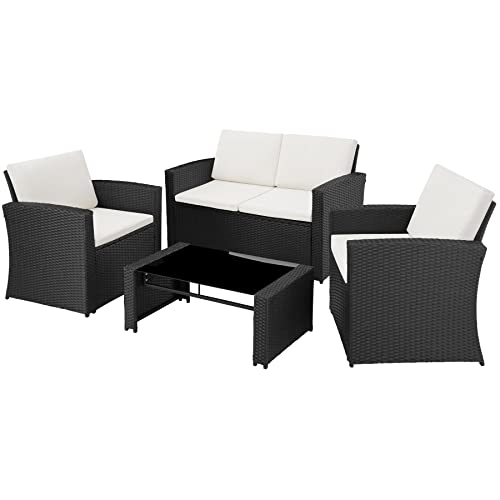 tectake® Lounge Gartenmöbel Set Poly Rattan für den Garten, Möbel für den Balkon, 12-teilige Garten Lounge (wetterfest), Essgruppe mit Outdoor Sofa, Sessel und Tisch für 4 Personen (Schwarz/Creme)
