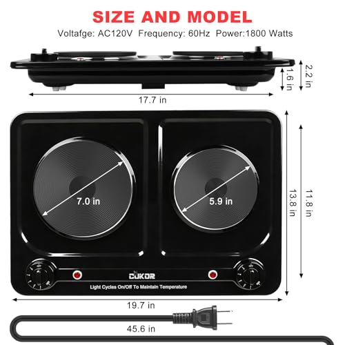 Image of Double Burner Electric Hot Plate, 1800W Cast Iron Heating with Adjustable Temperature Control, Stainless Steel Body for Home, Dorm & Commercial Use