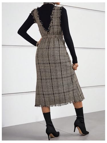 Image of OYOANGLE Women's Plaid Print Sleeveless V Neck Raw Trim Overall Dress Work Causal Pinafore Dresses