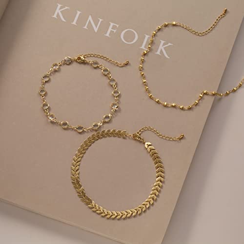 Tasiso Gold Plated 3Layered Satellite Beaded Fishbones Anklets With Cubic Zirconia Layering Charms Cute Sphere Boho Ankle Bracelet Minimalist Simple Dainty Jewelry For Women 8.6'' #TOP5